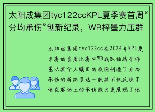 太阳成集团tyc122ccKPL夏季赛首周“分均承伤”创新纪录，WB梓墨力压群雄 - 副本