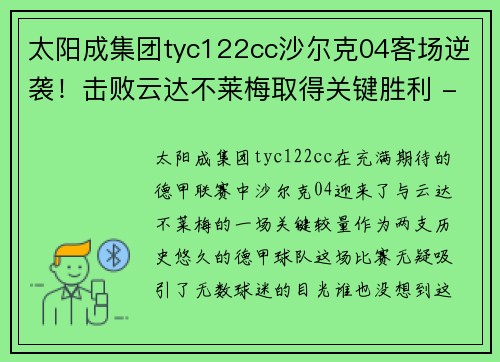 太阳成集团tyc122cc沙尔克04客场逆袭！击败云达不莱梅取得关键胜利 - 副本