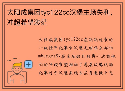 太阳成集团tyc122cc汉堡主场失利，冲超希望渺茫