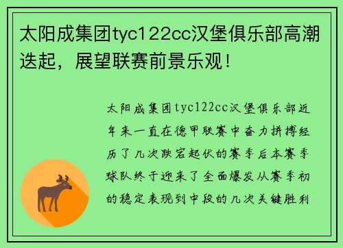 太阳成集团tyc122cc汉堡俱乐部高潮迭起，展望联赛前景乐观！